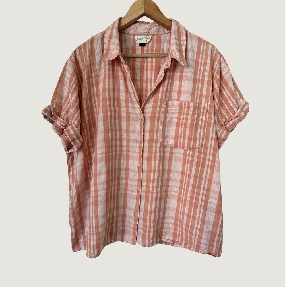 Universal Thread Fall Orange White Plaid Button Down Shirt XL Short Sleeve